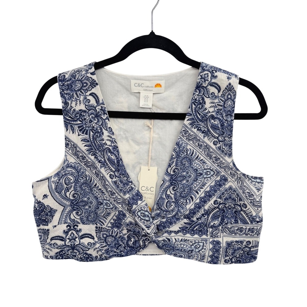 C&C California Linen Crop Top‎ Medium Boho Blue White Festival Coastal Cowgirl